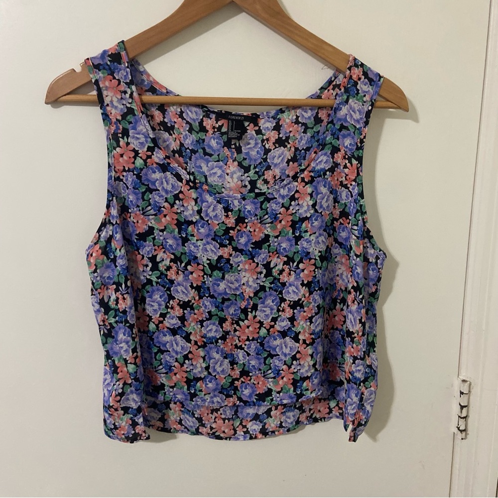 Forever 21 Floral Sleeveless Tank Top Crop Top - Purple, Pink and Black - Picture 1 of 3
